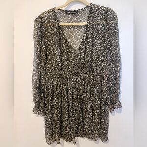 Zara Sheer Smocked Waist, Short Dress, V Neck Green & Beige Size M